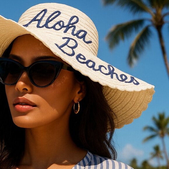 "Aloha Beaches" Blue Embroidered White Travel Beach Sun Hat women's one size - Picture 1 of 4